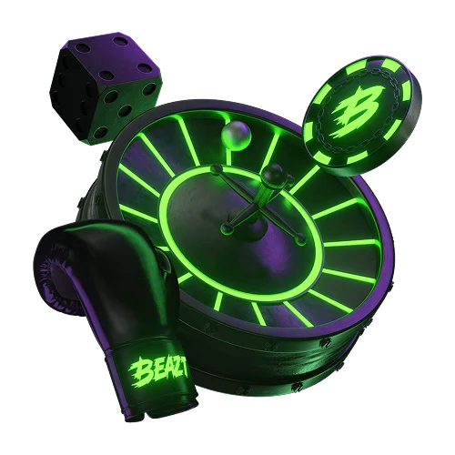 Neon green Beazt roulette wheel with a dice, casino chip and branded boxing glove