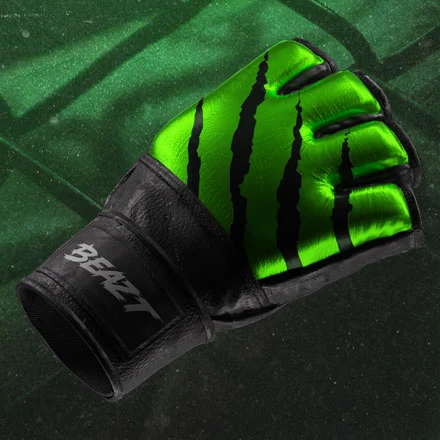 Green and black Beazt MMA glove on a dark mat