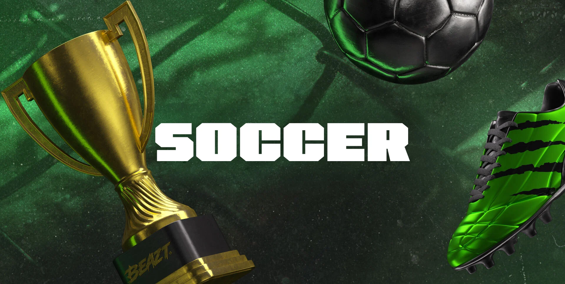 Soccer promotion with a gold Beazt trophy, a match ball and a green boot
